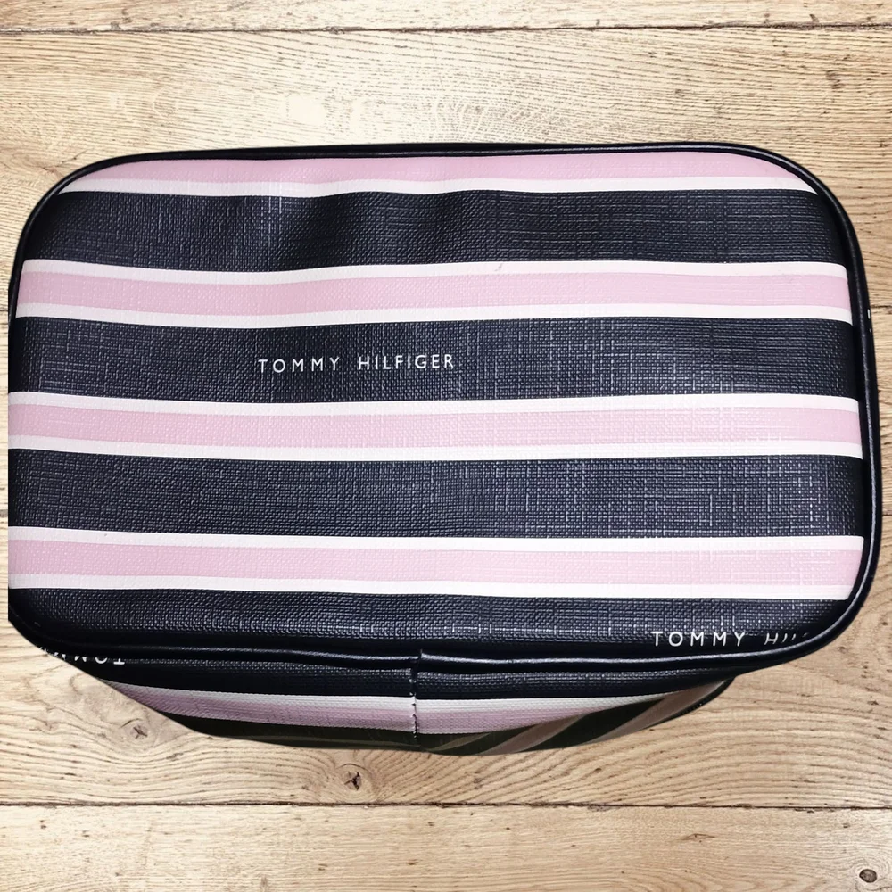 Travel Case Cosmetic/Toiletry Bag Large Black and Pink Striped Storage Tote